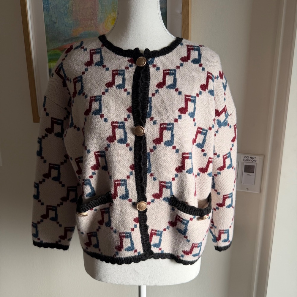 Daxi Retro Styling Musical Note Knit Cardigan Sweater Cream Red Blue S Oversized